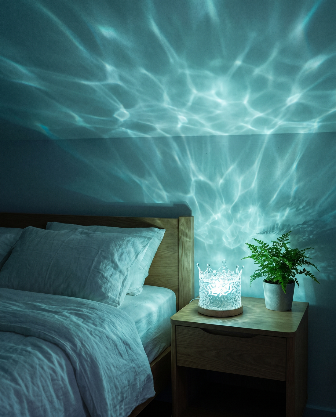 Crown ripple lamp on a nightstand throwing teal wave light across a dark bedroom ceiling