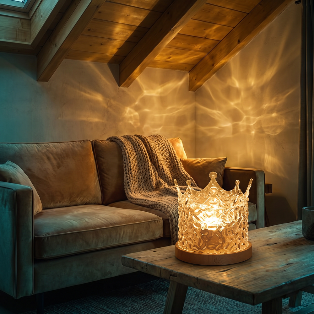 Crown ripple lamp on a coffee table casting golden wave light across a living room