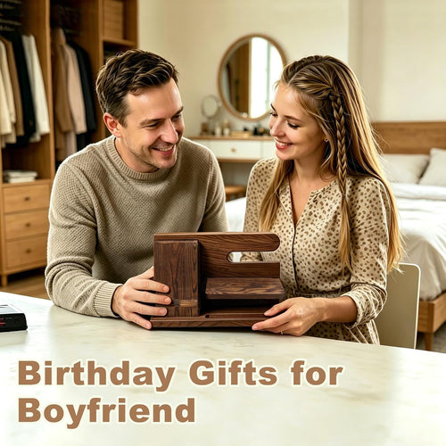 Gifts for Men Wood Phone Docking Station Birthday Gift for Men Valentines Day Gifts Father Gift for Him Boyfriend Nightstand Organizer Desktop Phone Stand