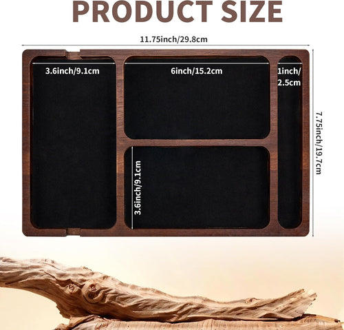 Valet Tray, Multi-Space Acacia Wood Leather Surface Desk Organizer Tray with Charging Assistance Port for Office or Study Room, Nightstand Organizer for EDC, Store Phone, Watch, Wallet, Keys, Jewelry