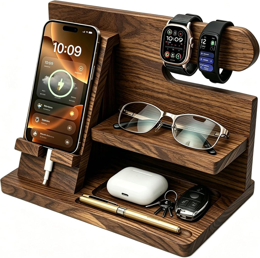 Gifts for Men Wood Phone Docking Station Birthday Gift for Men Valentines Day Gifts Father Gift for Him Boyfriend Nightstand Organizer Desktop Phone Stand