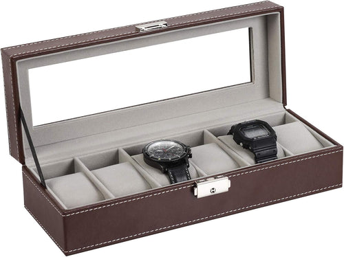Watch Box, 6 Slots Leather Watch Display Case Jewelry Storage for Men | Brown, Lock, Modern