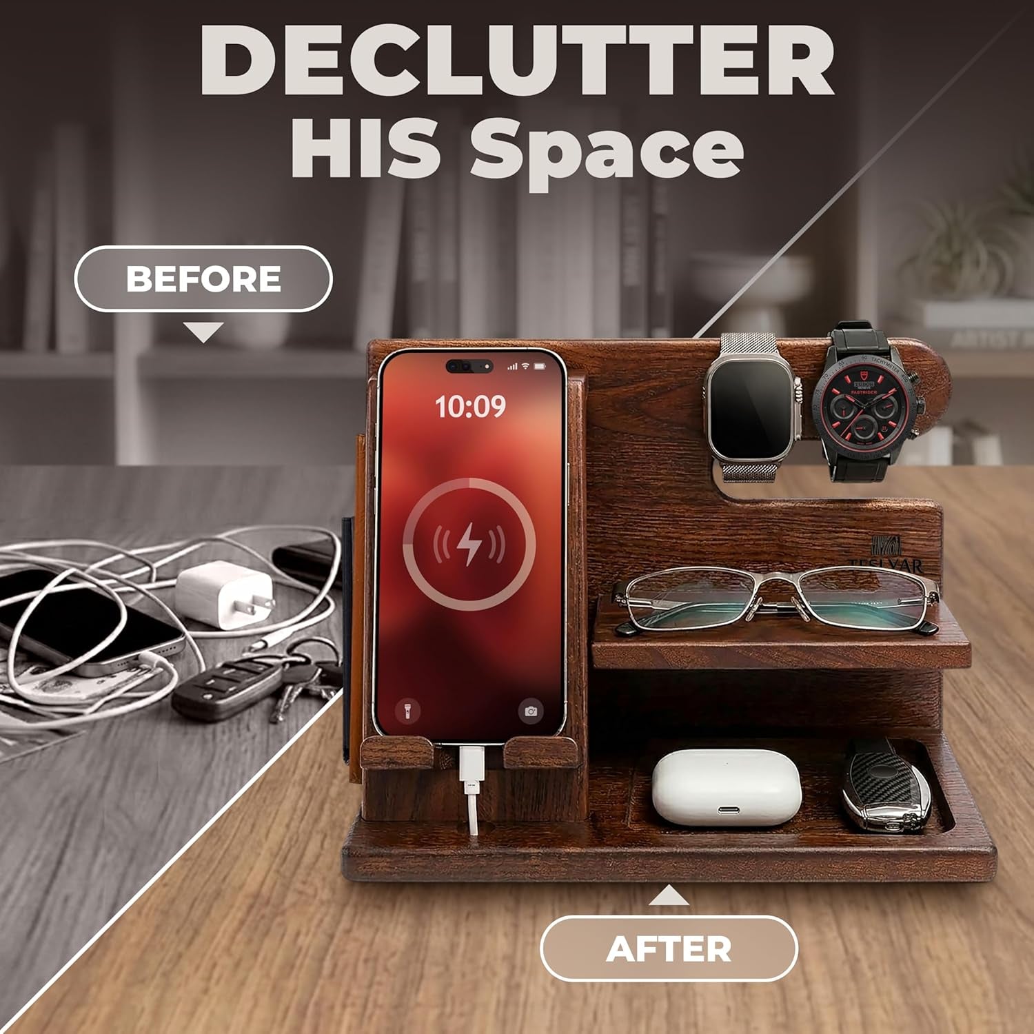 Wood phone docking station in bourbon brown, desk and nightstand organizer