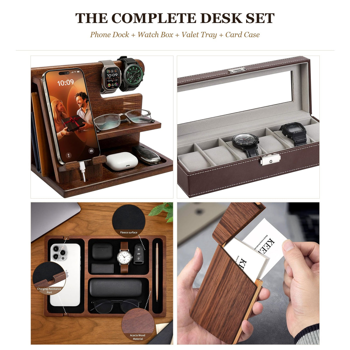 The Complete Desk Set - phone dock, watch box, valet tray and card case shown together