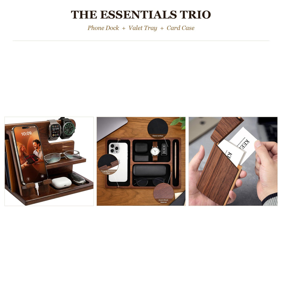 The Essentials Trio - phone dock, valet tray and card case shown together