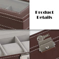 Watch Box, 6 Slots Leather Watch Display Case Jewelry Storage for Men | Brown, Lock, Modern